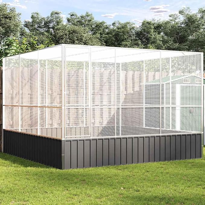 ** vidaXL Aviary Silver 122.4"x120.9"x83.5" - Galvanized Steel Bird Cage with Lockable Door and Steel Mesh Grids for Outdoor and Indoor Use