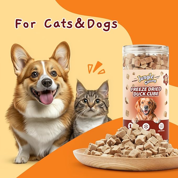Jungle Calling Freeze Dried Cat Treats, 9.17 oz Single Ingredient Duck Meat for Cats Puppy Dogs, High Protein Food Topper Cube Healthy Dog Treat, Rawhide Free Snacks for Training Bites (Pack of 2)