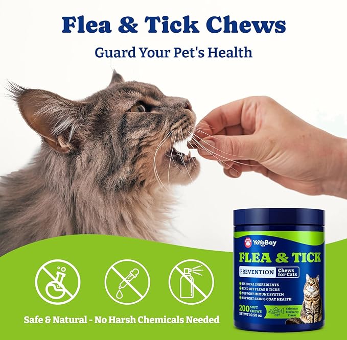 Flea and Tick Prevention for Cats - 200 Soft Chews Natural Cat Flea Treatment, Salmon & Blueberry Flavor - Flea Treatment for Cats, Cat Oral Flea, Immune Support Supplement (200 Chews)
