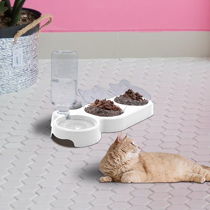 Triple Dog 3-in-1 Tilt Cat Bowls - Double Food Bowls with Automatic Water Bottle, Removable Wet & Dry Food Bowl Set for Small Cats & Puppies (White)