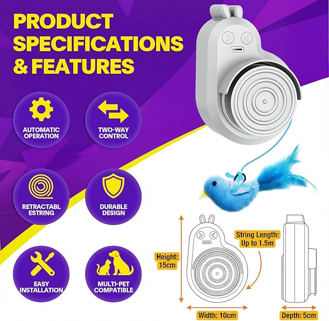 Interactive Cat Toys for Indoor Cats: Automatic Electric Flying Bird Feather & Mouse Wand, Rechargeable Electric Hanging Play Chase Exercise Moving Enrichment Toy for Bored Kittens and Adult Cats