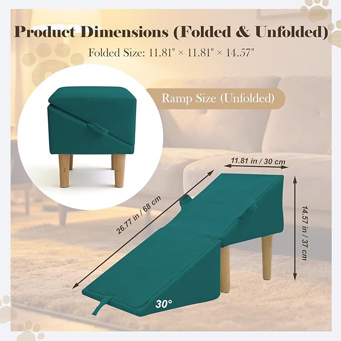Split Ottoman Dog Ramp for Couch and Low Bed, 2-in-1 Foldable Dog Stairs for Small Dogs and Cats, Wooden Pet Ramp with Non-Slip Surface, Portable Step Stool Design, Green