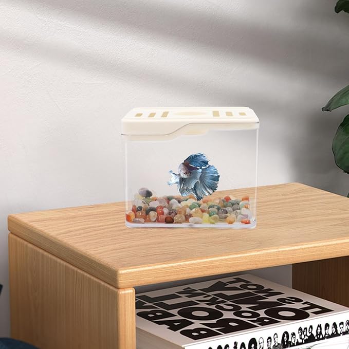Betta Fish Tank, 0.25 Gallon Mini Plastic Quadrate Aquariums with Colorful Stone, Beta Fish Aquariums, Tiny Cube Tank for Office, Table, Living Room, Desk