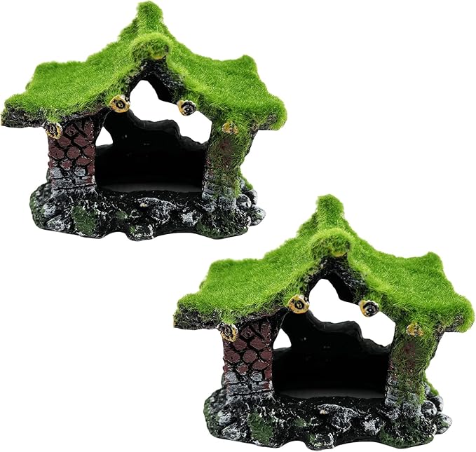 Tfwadmx Aquarium Decoration House Resin Hollow Betta Hideout House Fish Hide Tank Terrarium Accessories Cave Ornament for Small Shrimp Hideaway with Moss（2Pcs）