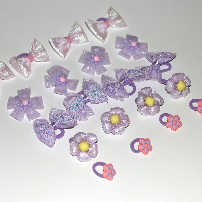 20pcs Handmade Puppy Hair Bows Purple, Cute Bowknot Top Knot with Elastic Bands for Yorkie Grooming