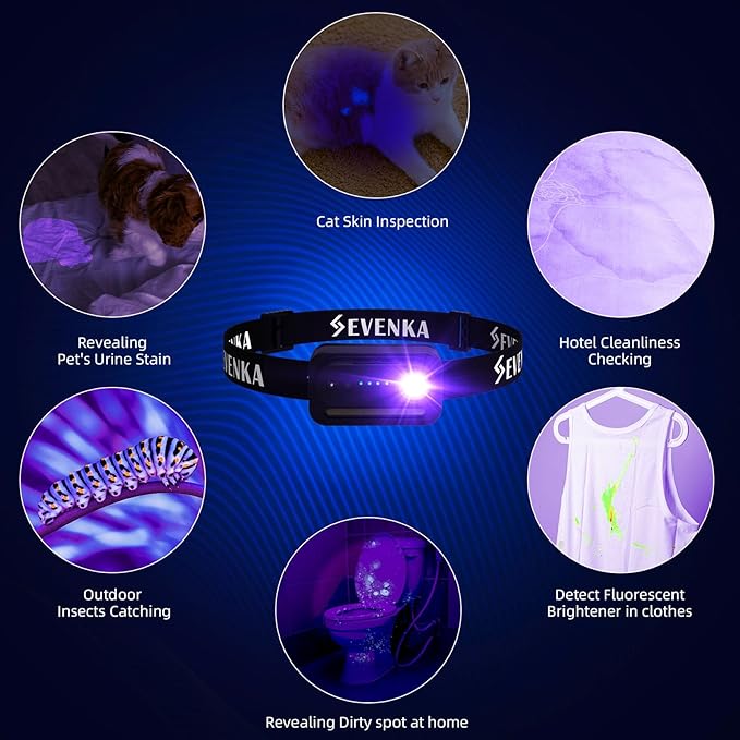 SEVENKA 2in1 UV Headlamp Flashlight Black Light & White Light, Rechargeable LED Hands Free Blacklight 395nm, Mini Ultraviolet Head Lamp, Pet Urine Detector for Dog/Cat Urine Stains, Bed Bug, Scorpion