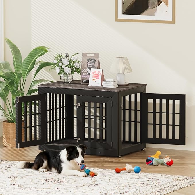 38" Heavy Duty Dog Crate Furniture for Small,Medium and Large Dogs,Rustic Wooden Dog Cage Kennel Indoor Furniture with Waterproof Top,Decorative Pet House Side End Table (Black & Grey)