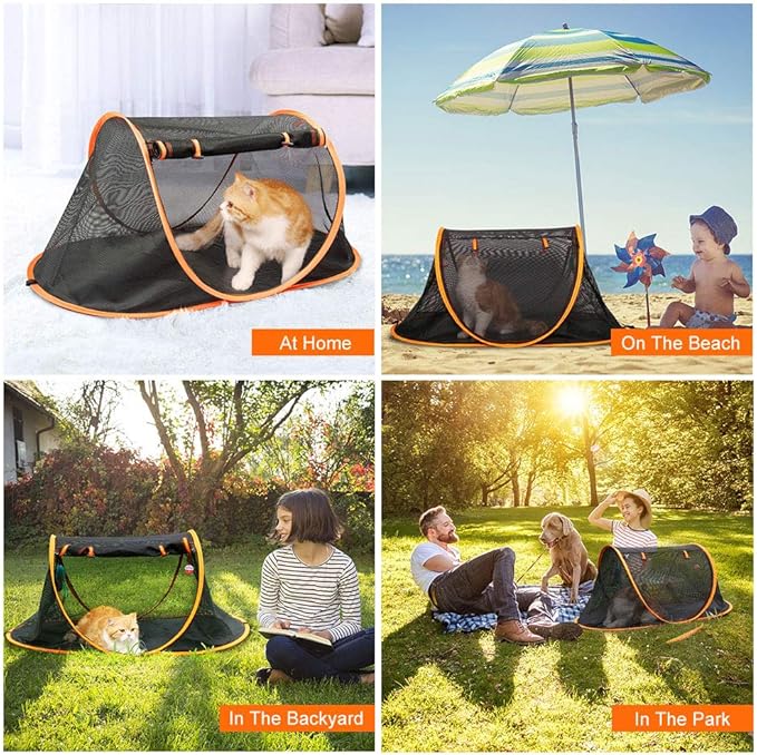 Portable Cat Mesh Tent Pet Cage,Pop Up Crate,Foldable Kennel,Indoor,Outdoor,Comfy Puppy House-Washable Fabric for Small Animals with 2 Cat Toys, Carry Bag & 2 Stakes