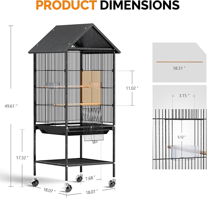 VINGLI Bird Cage with Wheels, 50 inch Wrought Iron Cage with Spire Roof, Bird Cages with Rolling Stand for Parrots, Cockatiels, Budgies, Lovebirds, Small/Medium Birds (50" H with Spire Roof)