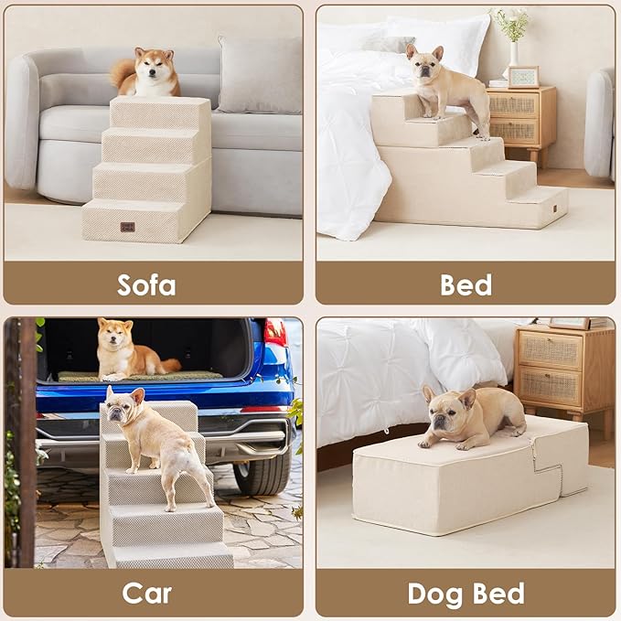 EHEYCIGA Dog Stairs for Bed 20" H, 4-Step Extra Wide Dog Steps for High Bed, Pet Steps for Small Dogs and Cats, Non-Slip Balanced Pet Ramp Indoor, Beige