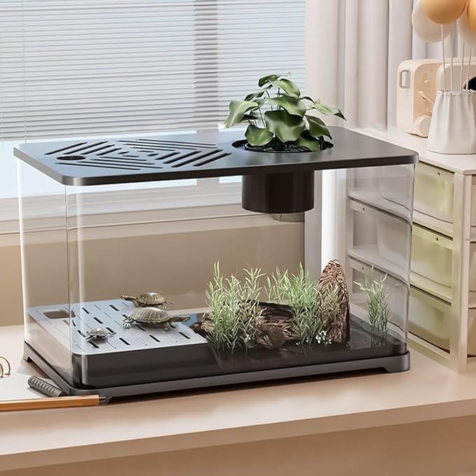 Aquarium Tank - Spacious Glass Fish Tank Setup for Betta Shrimp, Modern Desktop Habitat with Turtle Perch and LED Lighting, Ideal for Home Decor and Plant Cultivation