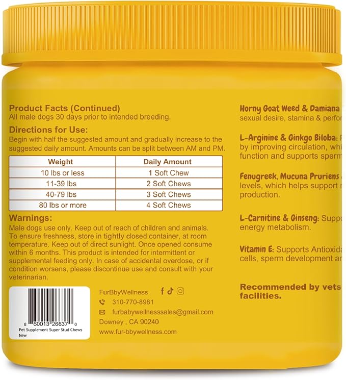 Reproductive Health Supplement for Dogs – Fertility & Breeding Support Chews with L-Carnitine, Zinc, Ginseng & Vitamins – Boosts Reproductive Cells, Testosterone & Vitality – 120 Soft Chews