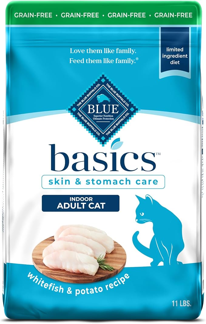 Blue Buffalo Basics Grain-Free Dry Cat Food, Skin & Stomach Care, Limited Ingredient Diet for Indoor Cats, Fish & Potato Recipe, 11-lb Bag