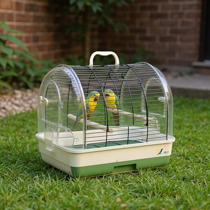 Portable Large Metal Bird Cage Carrier for Small to Medium Birds – 2 Food Bowls, 2 Perches, Removable Tray, Handle – Ideal for Cockatiels, Budgies, Lovebirds, Canaries – Green, 42x32x37cm