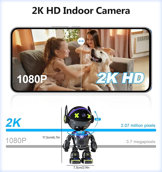 Cameras for Home Security Indoor Robot, 2K 2.4&5Ghz Indoor Camera WiFi Wireless Pet/Nanny/Dog Camera Phone App, Human Detection Color Night Vision, 2 Way Talk
