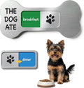 Dog Feeding Reminder Supplies with Magnet, Bone-Shaped Design Brushed Silver, Acrylic Pet Nursing Schedule for Breakfast & Dinner, Feed Slider with Paw Pattern, 2 Stickers 5.5 x 2.6inch