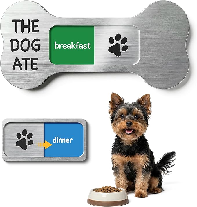 Dog Feeding Reminder Supplies with Magnet, Bone-Shaped Design Brushed Silver, Acrylic Pet Nursing Schedule for Breakfast & Dinner, Feed Slider with Paw Pattern, 2 Stickers 5.5 x 2.6inch