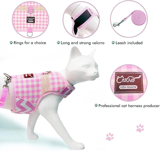 Cat Harness and Leash for Walking Escape Proof, Adjustable Cat Vest Harness, Padded Stylish Cat Walking Jackets, Pink Plaid, Large