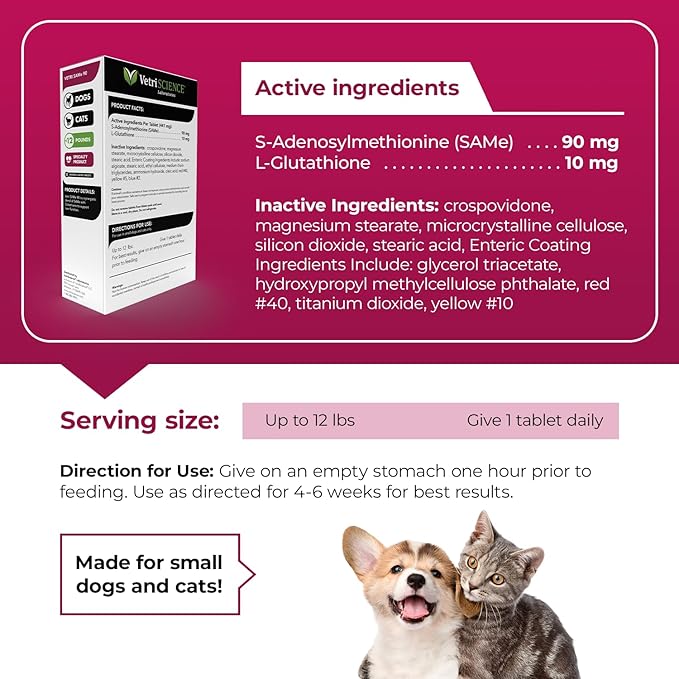 VetriScience Same Liver Health Tablets, 90 mg S-Adenosyl-Methionine Liver Health and Detox Supplement for Cats and Small Breed Dogs Under 13 Pounds, Glutathione Antioxidant Liver Support, 30 Count