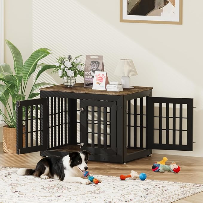 38" Heavy Duty Dog Crate Furniture for Small,Medium and Large Dogs,Rustic Wooden Dog Cage Kennel Indoor Furniture with Waterproof Top,Decorative Pet House Side End Table (Black & Wood)
