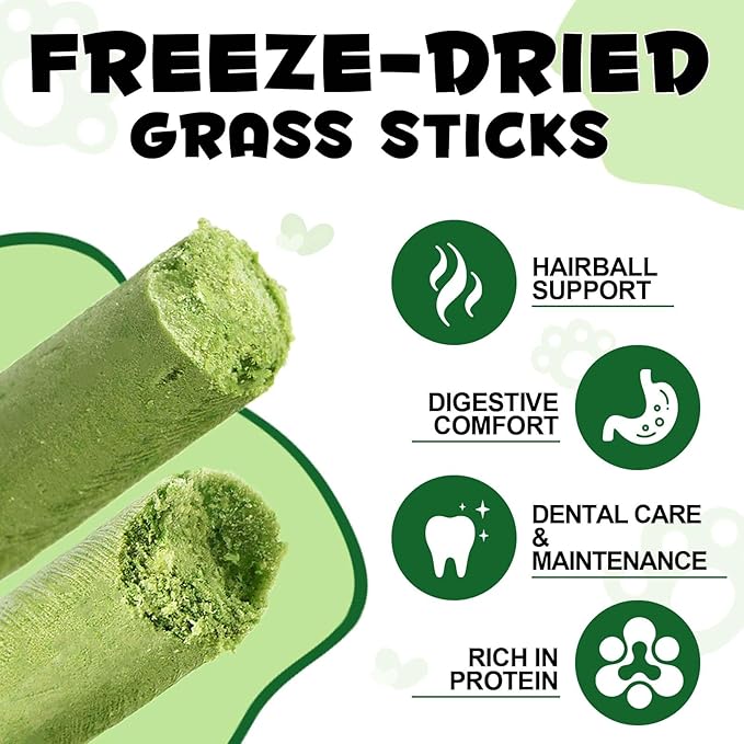 60g Cat Grass Stick, Freezed Dried Cat Grass Sticks Snacks for Teeth Cleaning and Hairball Removal, Natural Chicken Flavored