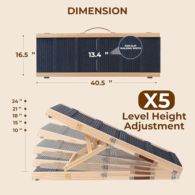 Adjustable Dog Ramp for Bed & Couch, 40.5 Inches Solid Wood Foldable Pet Ramp for All Dogs, Dog Bed Ramp with 5 Heights 10–24 Inches