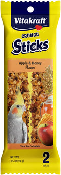 Vitakraft Crunch Sticks Cockatiel Treat Apple and Honey Flavor – 2 Sticks - Triple Baked for Extra Crunch – Natural Wood Chew Center with Cage Clip – Fortified with Vitamins and Minerals