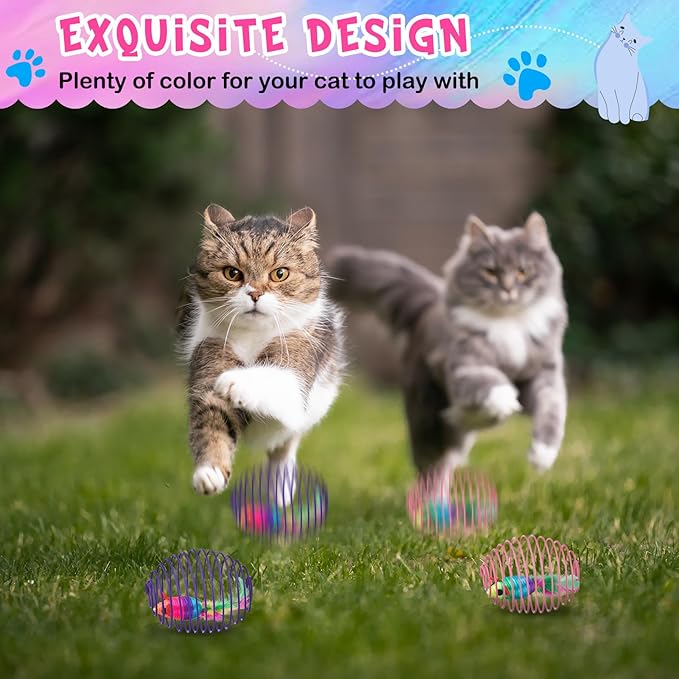 Jecery 5 Pcs 5 Pcs Cat Spring Balls Toys Stretchable Rolling Balls Colorful Playful Coils Interactive Spring Action Toy Caged Rats for Kitten Cat Pet Supplies (Mouse, Rainbow Color)