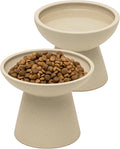 2 Elevated Cat Bowls Extra Wide for Food & Water – Whisker Fatigue, Ceramic Wide Shallow Food Dish, Lead & Cadmium Free, Raised Height for Cats, Pottery Clay (Not Glazed)