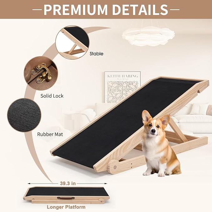 SLSY Dog Ramp for Bed, Couch & Car, Foldable Pet Ramp for Small Dogs and Cats, 4 Adjustable Heights 13.7''–19.6", Portable Stable Wooden Pet Steps with Non-Slip Pad for Sofa or Stairs(Natural)