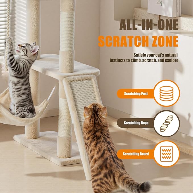 Sweetcrispy 63 inch Cat Tree Tower, Large Multi Level Cat Climbing Tower with Condo, Natural Sisal Scratching Posts, Extended Platform, Hammock, Pet House for Indoor Cats and Kittens Play, Beige