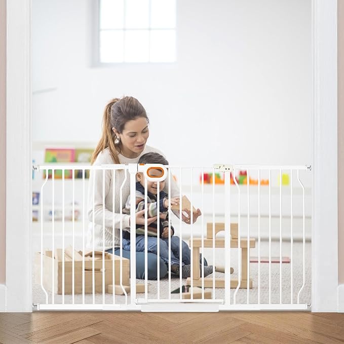 Extra Wide Baby Gate with Door Pressure Mounted 62.2-66.9 Inch,Child Dog Baby Safety Gates for Doorways,Walk Through Dog Gate Indoor for The House Kitchen Stairs No Drilling,White