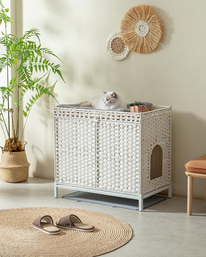 Cat Litter Box Enclosure Furniture, Hidden Handwoven Rattan Litter Box with Mat, Large Cat House with Metal Heightened Feet, 30.3 x 18.3 x 28 Inches, Indoor for Living Room, Bedroom White