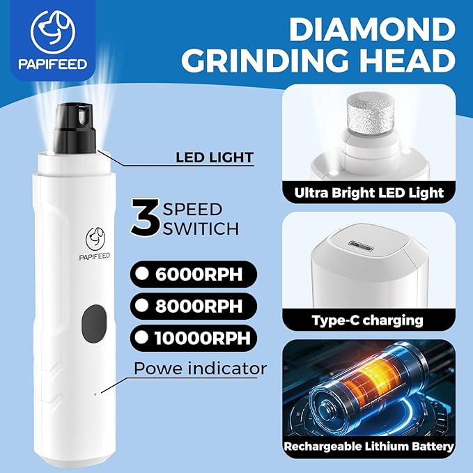 PAPIFFEED Dog Nail Clippers & Grinder with Manual Nail Clipper – Quiet 3-Speed Electric Dog Nail Trimmers with Dual LED, Rechargeable Pet Nail File for Dogs & Cats (White)