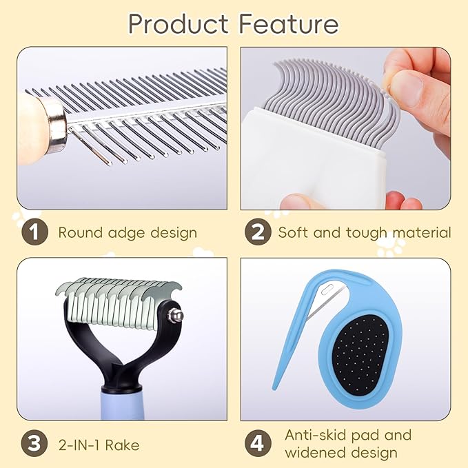 All-in-One Pet Grooming Kit - Long Hair Cat Grooming Kit & Dog Set, Includes Double-Sided Comb, Shedding Comb, 2 Knotting Combs & Massaging Comb