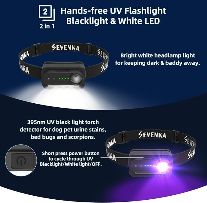 SEVENKA 2in1 UV Headlamp Flashlight Black Light & White Light, Rechargeable LED Hands Free Blacklight 395nm, Mini Ultraviolet Head Lamp, Pet Urine Detector for Dog/Cat Urine Stains, Bed Bug, Scorpion
