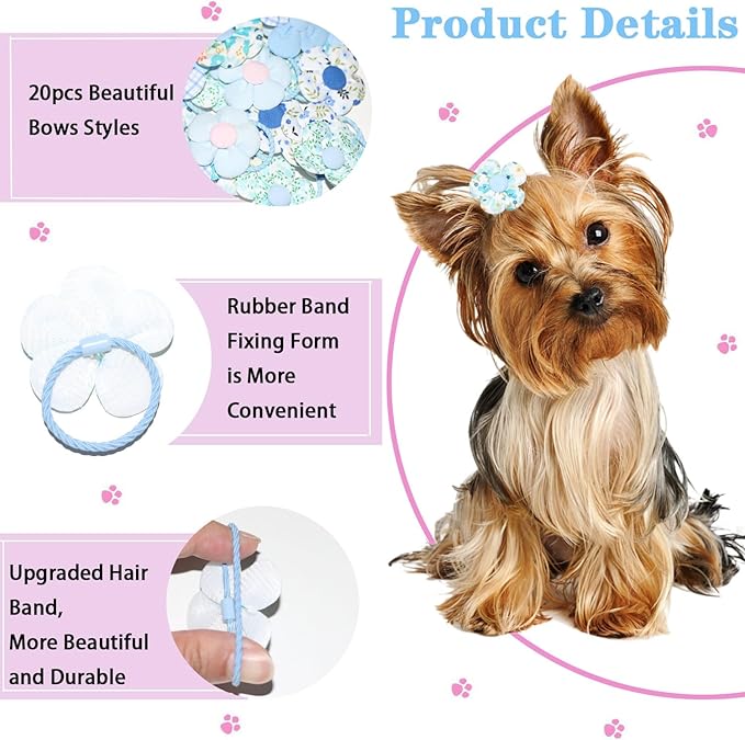20 Pcs Handmade Cute Puppy Hair Bows, Flower Bowknot with Rubber Bands for Small Dog Hair Ties Accessories Sky Blue