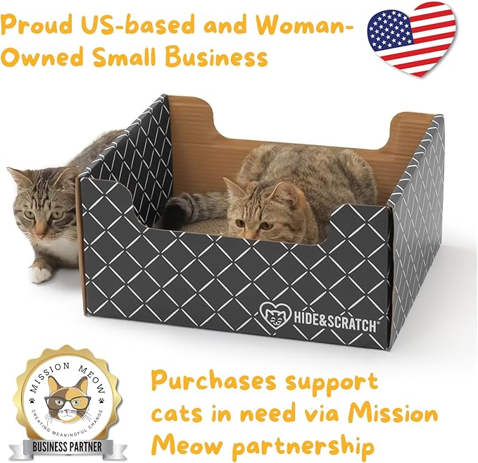 Hide & Scratch Cardboard Cat Scratcher Box & Bed - Dark Grey Diamond (2 Pack) | Double-Sided Corrugated Pad for Indoor Cats | Refillable Scratching Board Toy for Play & Furniture Protection