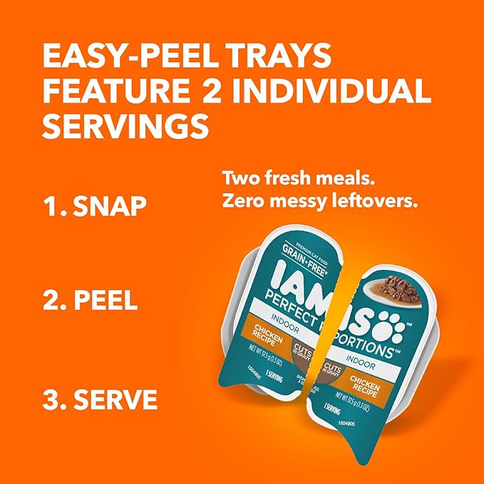 IAMS Perfect Portions Grain Free Wet Cat Food, Indoor Adult Cat Food Wet Cuts in Gravy, Chicken Recipe, (24) 2.6 oz. Twin-Pack Trays
