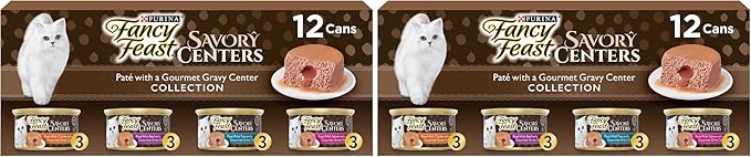 Fancy Feast Purina Savory Centers Wet Cat Food Pate Variety Pack with Chicken, Salmon, Beef, and Tuna Pate with Gravy Center - (4 Packs of 12) 3 oz. Pull-Top Cans