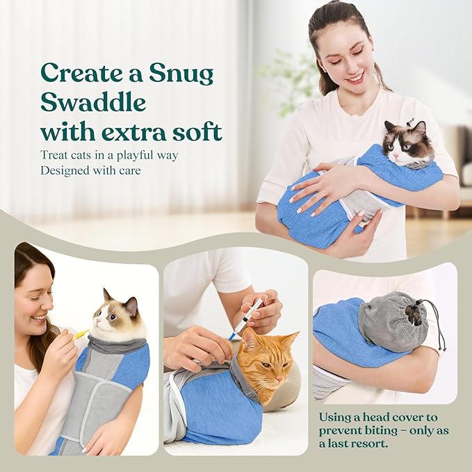 Supet Cat Grooming Wrap for Cutting Nails, Self-Adhesive Anti-Scratch Swaddle with Bite-Proof Mesh Hood & Thick Waist Strap Anti-Escape Bag for Nail Trimming, Medication, Ear Cleaning (Blue M)