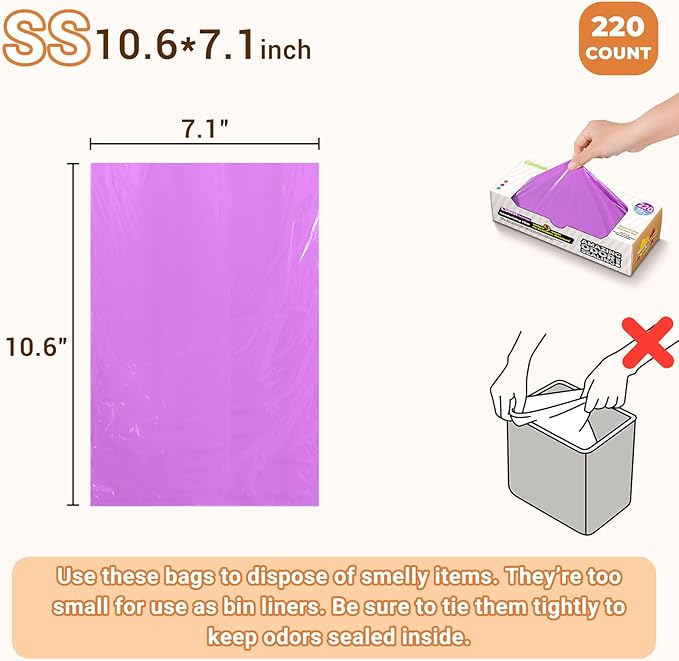 Odor-Sealing Cat Litter Bags - 220 Count Unscented Cat Poop Bags with Strong Odor Control, Leakproof & Durable Pet Waste Bags (Size:XS, Color: Purple)