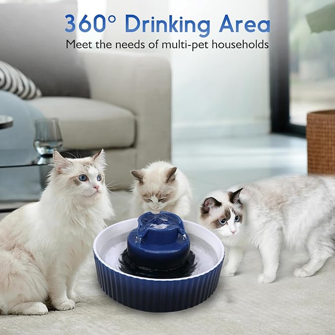 Ceramic Cat Water Fountain, 2.1L/71oz Cat Fountain with 3 Carbon Filters and 2 Water Pumps, Cupcake Pet Water Fountain for Cats and Dogs (Dark Blue)