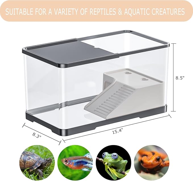 Turtle Tank Starter Kit, Upgraded Aquarium Fish Tank Kit with Filter,Fish Net, Reptile Habitat with Adjustable UV Lamp & Lid,Bask Platform for Crabs,Amphibians,Reptiles.(15.4" * 8.5" * 8.35")