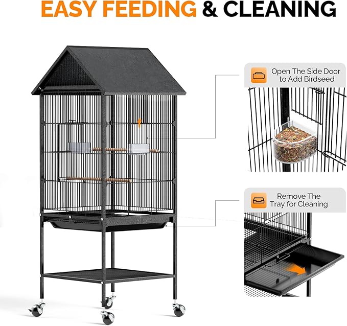 VINGLI Bird Cage with Wheels, 50 inch Wrought Iron Cage with Spire Roof, Bird Cages with Rolling Stand for Parrots, Cockatiels, Budgies, Lovebirds, Small/Medium Birds (50" H with Spire Roof)