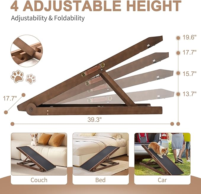 SLSY Dog Ramp for Bed, Couch & Car, Foldable Pet Ramp for Small Dogs and Cats, 4 Adjustable Heights 13.7''–19.6", Portable Stable Wooden Pet Steps with Non-Slip Pad for Sofa or Stairs