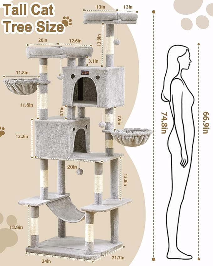 Large Cat Tree Tower for Indoor Cats Adult, 74.8 Inch Tall Multi-Level Kitty Condo with Scratching Posts, Perch, Hammock, Plush Bed for Big Cats, Modern Cat Furniture Heavy Duty (Light Grey)