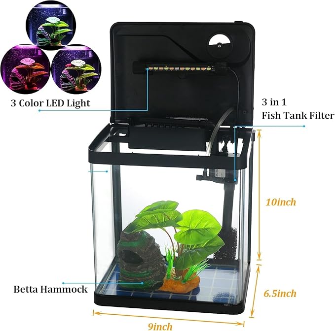 Betta Fish Tank Self Cleaning 2 Gallon Small Aquarium Starter Kits Desktop Room Decor w/LED Light Decorations & Whisper Filters Water Pump (260V2)