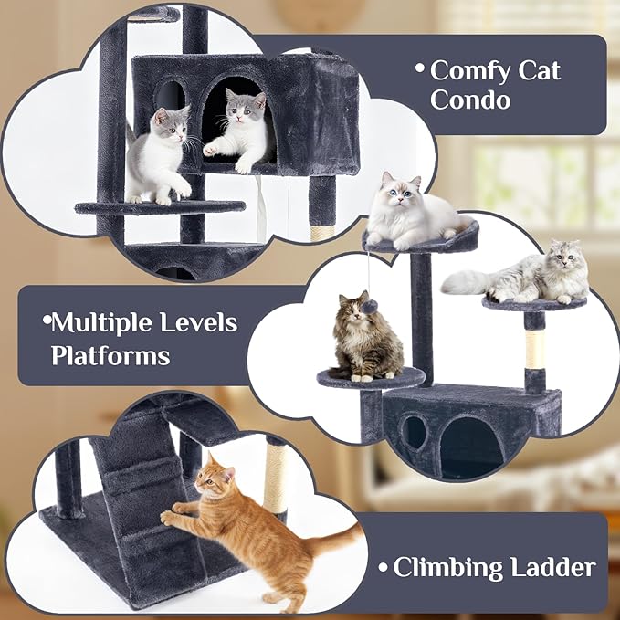 Sweetcrispy 80 Inch Cat Tree Tower, Multi-Level with Cat Scratching Post, Indoor Cat Condo with Climbing Ladder, Plush Toy, Play House for Cat, Dark Grey