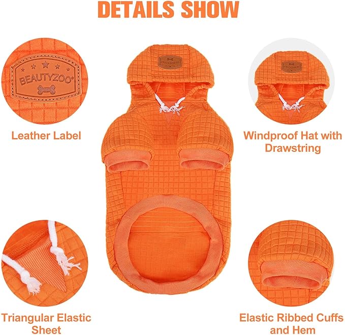 BEAUTYZOO Small Dog Hoodie Sweater with Pockets, Dog Clothes for Small Medium Dogs Boy Girl, Waffle-Like Laminated Cotton Pet Coats with Hat and Leash Hole, Orange SM